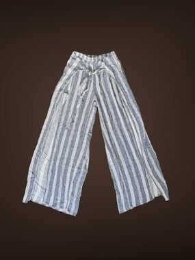 Women's No Boundaries Grey & White Striped Pants, High Slits, Elastic Waist, XS